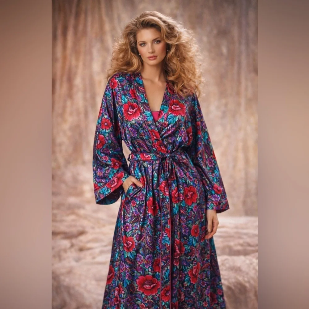 Vintage 1980s Lorraine Robe Nightgown Peignoir Set S M Red Purple Floral Paisley